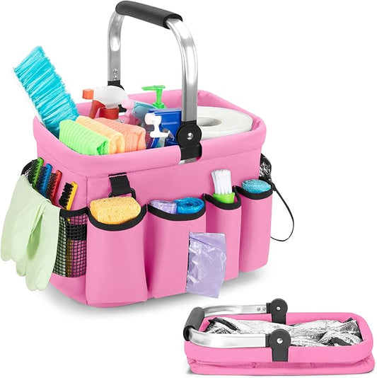 PGmoon Cleaning Caddy Organizer with Handle, Cleaning Tote Bag with Multiple Pockets for Cleaning Supplies, Products Storage, Housekeepers, Kitchen Cleaning Supplies, Pink
