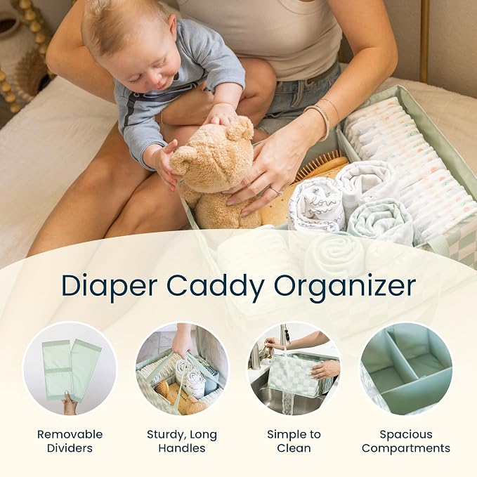 Tiny Twinkle Diaper Caddy Organizer – Foldable Baby Storage Basket with Removable Divider | Waterproof & Mess-Proof Fabric, Portable Nursery Organizer for Newborn Essentials(Toile)