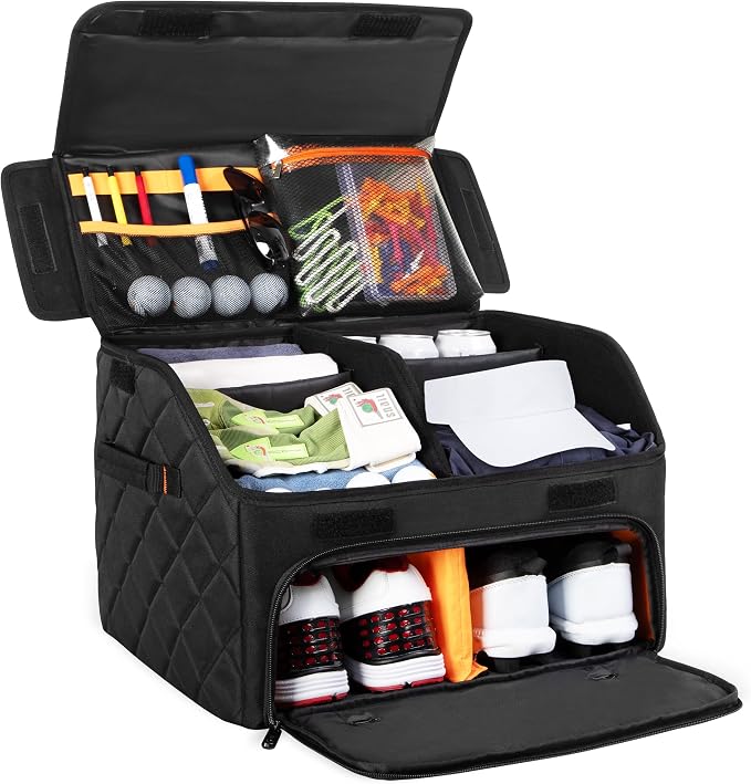 PGmoon Upgraded Golf Trunk Organizer, Golf Car Organizer with Separate Ventilated Compartment for 2 Pair Shoes, Golf Storage with Multi-Compartment for Golf Accessories, Gifts for Golfers