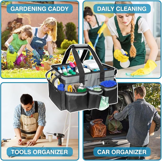 Cleaning Tool Organizer Bag with Handles | 17.8x12.2x9.3in Large Waterproof Cleaning Caddy | Detachable Shoulder Strap & Dividers | for Car Detailing, Housekeeping, Cleaners(Grey)