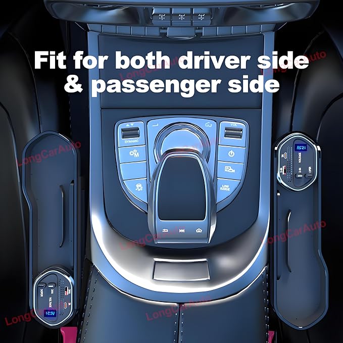 5 in 1 Car Seat Gap Filler Organizer with Wireless Charger and Cigarette Lighter, 2 Charging Cables, Retractable Charging Cords iOS Type-C USB Port Fast Charge Storage Box Cup Holder