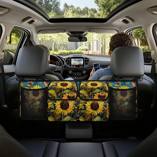 Sunflower Print Car Trunk Organizer Hanging Detachable Car Backseat Storage Bag Foldable Multipurpose Storage Bag for Automotive Trunk Storage and Decoration