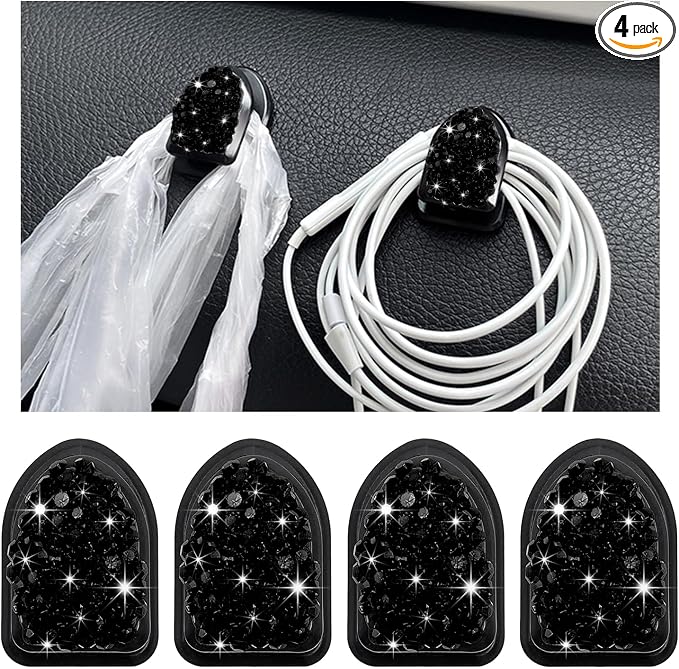 Yourkar 4PCS Bling Car Mini Hooks, Multifunctional Adhesive Small Auto Storage Hook for Key Cable Mask, Crystal Rhinestone Dashboard Hanging Hook, Interior Decor Car Accessories (Black)