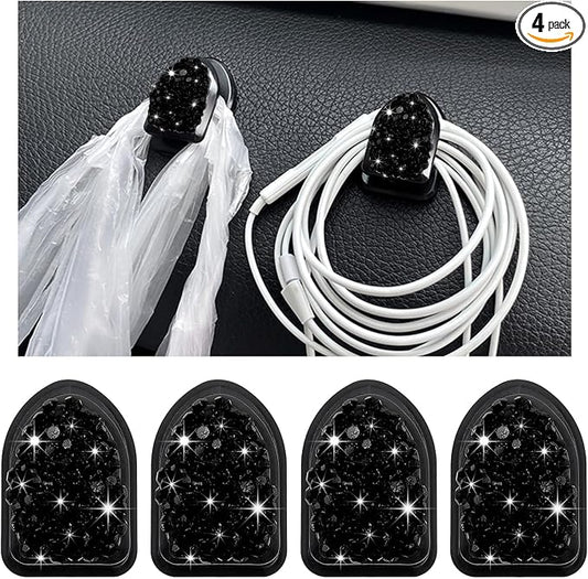 Yourkar 4PCS Bling Car Mini Hooks, Multifunctional Adhesive Small Auto Storage Hook for Key Cable Mask, Crystal Rhinestone Dashboard Hanging Hook, Interior Decor Car Accessories (Black)