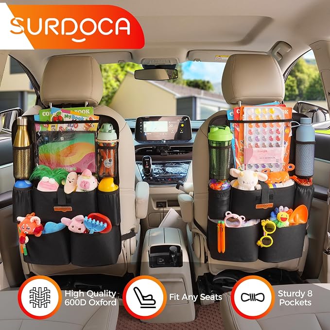 SURDOCA Upgraded Car Organizer with 11-inch Tablet Holder, 8 Pockets, Car Seat Protector for Road Trips - Car Storage and Organizers for Kids, Grey 1PC