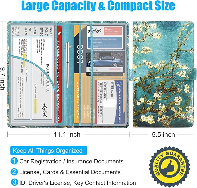 DMLuna Car Registration and Insurance Holder, Leather Vehicle Card Document Glove Box Organizer, Auto Truck Compartment Accessories for Essential Information, Driver License Cards, Almond Blossom