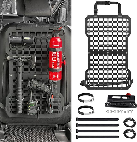 Rigid Molle Panels For Vehicles Truck Mount Rack Panel with Fire Extinguisher Mout & Hook and Loop Fasteners & Elastic Rope Tactical Seat Back Organizer Adjustable Versatile Panel