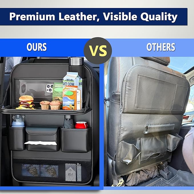 2-Pack Backseat Car Organizer with Tray – 21"x17" Premium PU Leather Kick Mats with Tray, Hanging Car Seat Back Protector & Storage for Tablet, Snacks, Diapers – Universal Fit for SUV, Truck (Black)