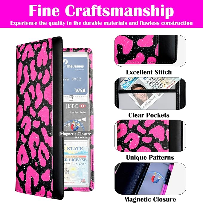 Car Registration and Insurance Holder with Magnetic Closure, Universal Document Organizer for License, Insurance Cards & Glove Box Storage (Leopard-Glitter Hot Pink)