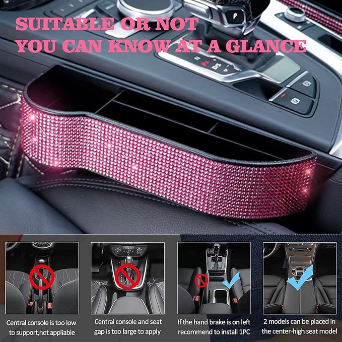 Bling Bling Car Seat Organizer Front Seat Gap Filler with Crystal Rhinestones Diamond, PU Leather Car Seat Console Storage Organizer for Car Accessories (2 Pack Pink)