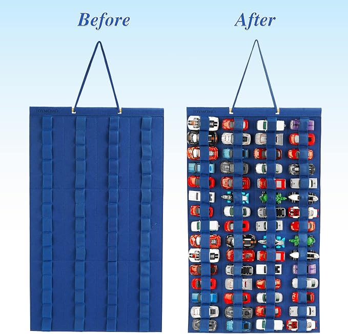 Hanging Storage Organizer for Toy Cars Felt Display Case Hold Up 60 Toy Cars (Without Accessories)(Blue)