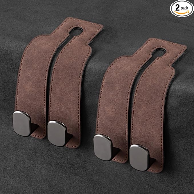 Amelity Universal Car Headrest Hooks, Women’s Car Interior Accessories for Purses Handbags Grocery & Backpacks, Brown 2 Pack
