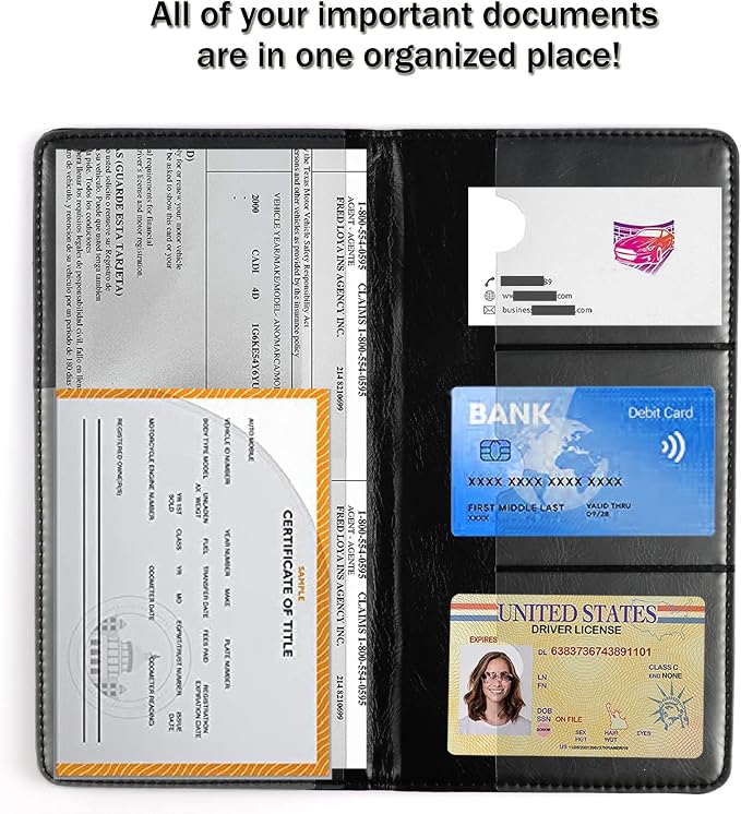 UYYE Auto Car Registration and Insurance Holder - PU Leather Vehicle Glove Box Organizer Wallet, Interior Accessories Case Holder for Essential Automobile Documents（Black）