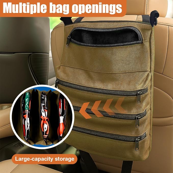 YoRise Car Seat Organizer, Oxford Cloth Roll Up Tool Bag With 5 Zipper Pockets, Hanging Back Seat Car Organizer, Portable Waterproof Vehicle Storage Accessories for Cars, Trucks, SUVs (Khaki)