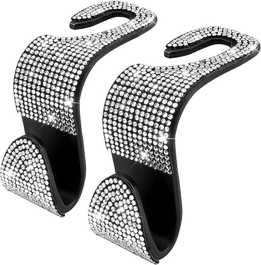 Dermasy® 2 Pack Car Hooks, 2021 New Bling Rhinestones Crystal Hooks Car Decorations Auto Seat Back Organizers Strong and Durable Backseat Hanger Storage Universal for SUV Truck Vehicle (Silver)