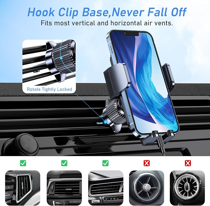 Blukar Car Phone Holder Mount, Super Stable Air Vent Cell Phone Car Mount with 2025 Metal Hook Clip, 360° Rotation,One Button Release for iPhone, Galaxy, Google, and All Other Smartphones