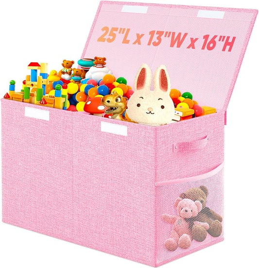 Large Toy Storage Box with Lid Divider, Sturdy Collapsible Toys Organizer Chest Kids Storage Bins Boxes Baskets for Boys, Girls, Nursery, Bedroom, Living Room, Playroom, 25"x13"x16", Pink