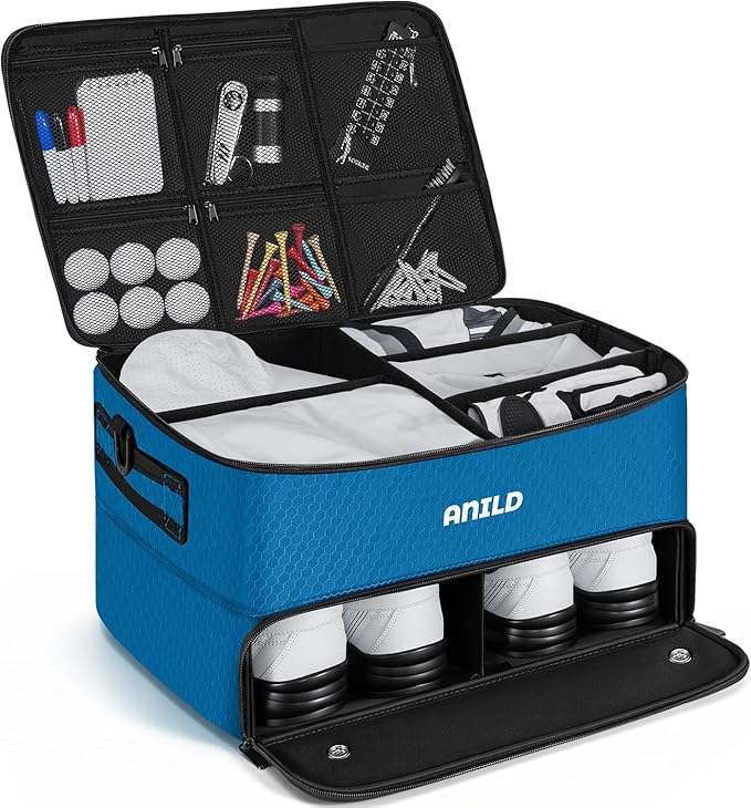 ANILD Golf Trunk Organizer, 2 Layer Golf Storage Case with Separate Ventilated Compartment for 2 Pair Shoes, for Balls, Tees, Clothes, Gloves, Accessories, Golfer Gifts