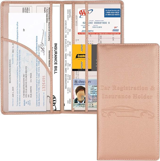 Cacturism Car Registration and Insurance Holder, Vehicle Glove Box Car Organizer Men Women Wallet Accessories Case with Magnetic Shut for Cards, Essential Document, Driver License, Rose Gold