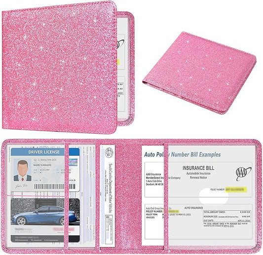 DMLuna Car Registration and Insurance Holder, Folio Leather Vehicle Card Document Glove Box Organizer, Auto Truck Compartment Accessories for Essential Information, Driver License Cards, Glitter Pink