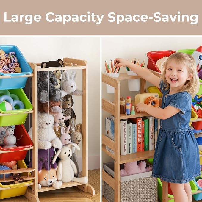 Toy Storage Organizer with Bookshelf and Stuffed Animal Storage - Playroom Organization with Shelves and 12 Bins - Living Room Box for Lego - Nursery Bedroom Decor Essential