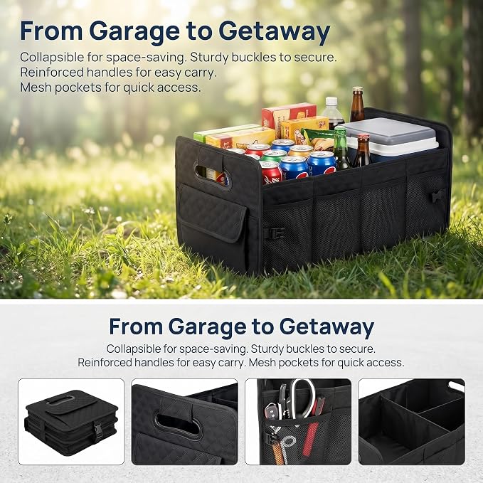 Car Trunk Organizer for SUV, Foldable Waterproof Basket with Front & Side Pockets, Large Capacity Durable Oxford Cloth Storage for Car Organization