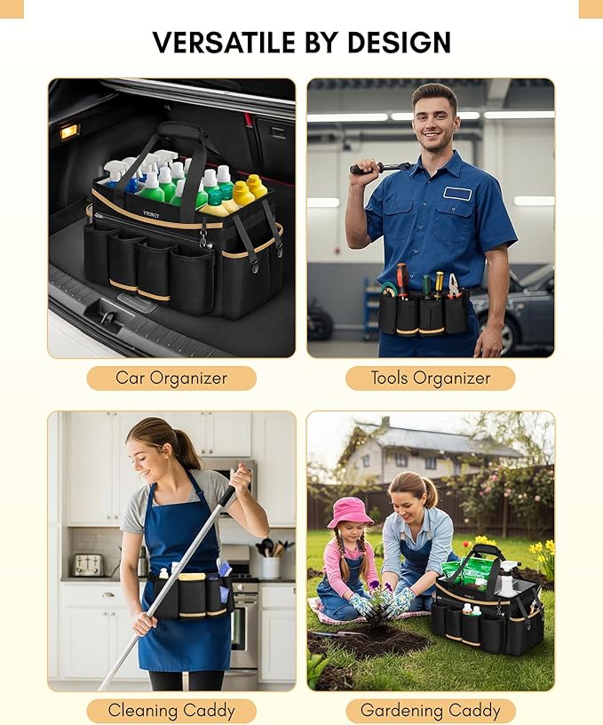 Ytonet Cleaning Caddy Bag with Detachable Apron, Extra Large Cleaning Supplies Organizer with Foldable Dividers, Portable Cleaner Tote with Handle, Cleaner Caddy for Housekeeper, Detailing Bag, Black