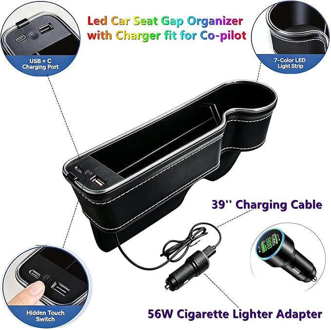 7 Color Led Car Seat Gap Filler Organizer Car Seat Pocket Gap Filler with USB+C Fast Charger,Car Gap Organizer Storage 2023 Console Side Seat Gap Filler fit for Passenger Side(Black-passenger side)