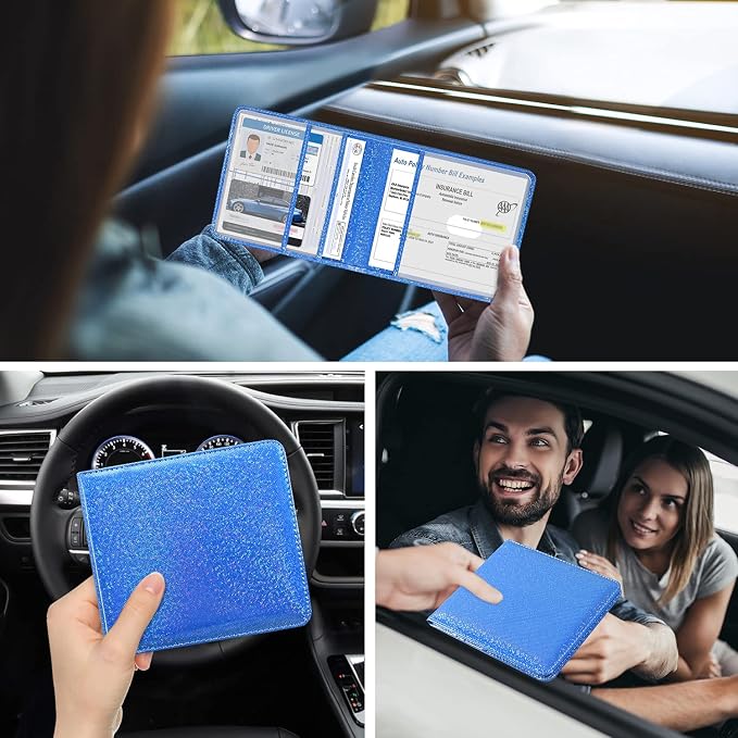 DMLuna Car Registration and Insurance Holder, Folio Leather Vehicle Card Document Glove Box Organizer, Driver License Cards, Royal Blue Glitter