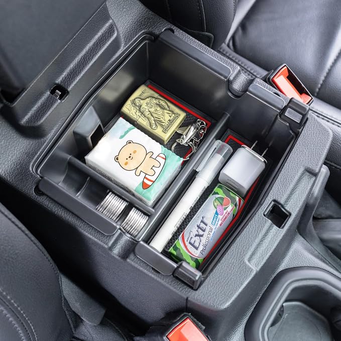 PIMCAR Center Console Organizer for Jeep Wrangler JL/JLU (2018-2026) & Gladiator JT (2020-2026) | Armrest Storage Tray | Interior Accessories (Not for JK/JKU) | Red Liner Trim