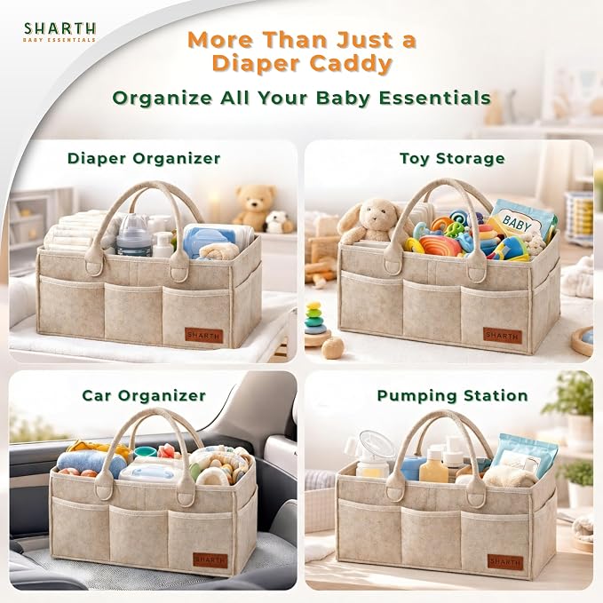 Sharth Baby Diaper Caddy Organizer with Upgraded Stitched Edges – Foldable Felt Nursery Organizer with Handle, Removable Dividers & 8 Outer Pockets, Portable Baby Shower Registry Gift (Beige)