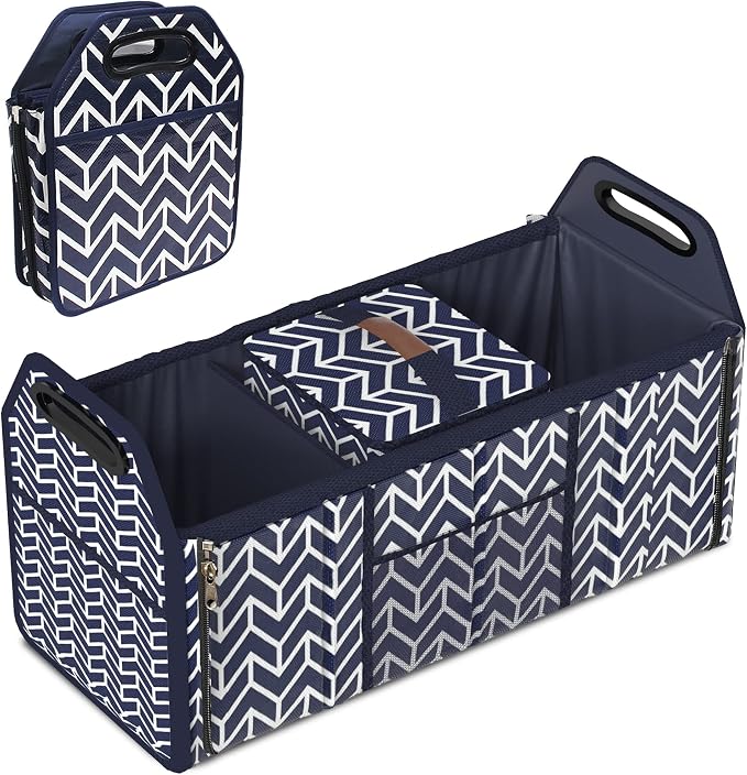Orionstar Trunk Organizer, Foldable Car Storage Bag Portable Insulation Cooler Bag Collapsible Vehicle Organizer Divider Storage Totes with 3 Compartment Cargo Tote for Groceries Caddy SUV, Navy Blue