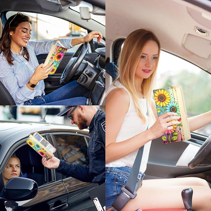 Car Registration and Insurance Holder with Magnetic Closure, Universal Document Organizer for License, Insurance Cards & Glove Box Storage (Sunflower-Colorful)