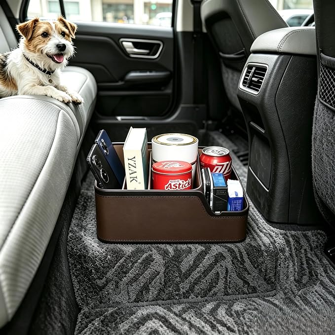 Car Seat Organizer with Phone Holder,Armrest Cup Holder Tray Truck Organizer & Storage Front Seat Organizer Small Car Caddy fit for Car SUVs Pickup Truck Van(Brown)