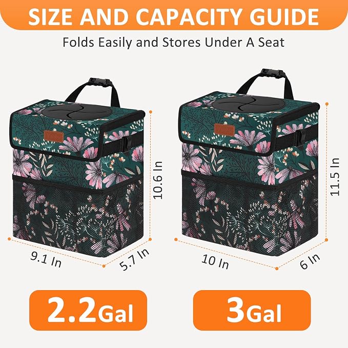 Vankor 3 Gallons Car Trash Can with Lid, Car Trash Bag Bin Hanging Waterproof Automotive Garbage Cans Leak Proof Vehicle Trash Can Navy Floral
