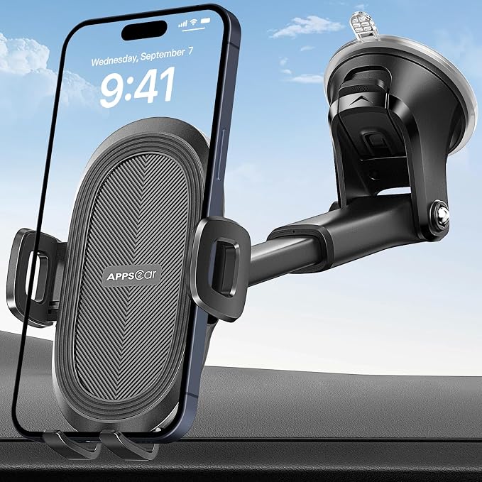 APPS2Car Car Phone Mount with Suction Cup, Universal Windshield Dashboard Holder with Sticky Gel Pad, Compatible with iPhone 17/16/15/14/13, Samsung, Most Smartphones