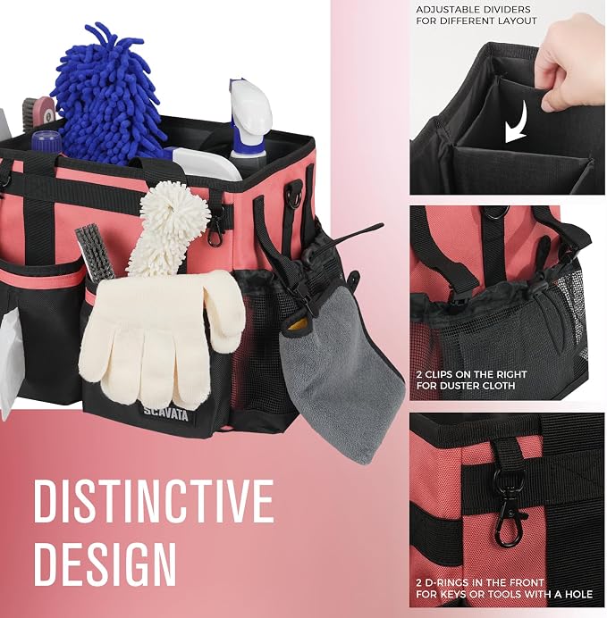 SCAVATA Compact Wearable Cleaning Caddy, Small Cleaning Supplies Organizer with Handle & Shoulder Straps for Housekeepers, under Sink & Car Cleaning Tool Organizers Bag (Coral Pink)