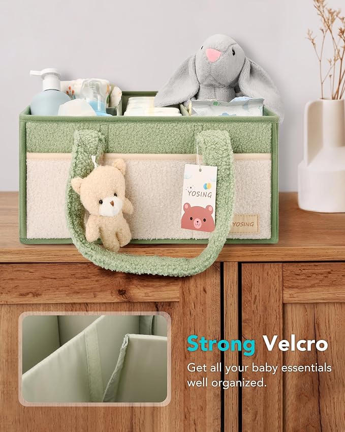 YOSING Diaper Caddy Organizer with 13 Pockets & Removable Dividers - Portable Baby Storage Basket for Nursery, Car Travel & Newborn Essentials, Green+ White