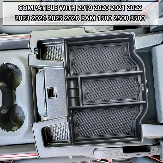 EDBETOS Full Center Console Organizer Compatible with 2019-2023 2024 2025 2026 Dodge RAM 1500 2500 3500 Accessories ABS Plastic Material Insert Tray Secondary Storage Armrest Box, Black