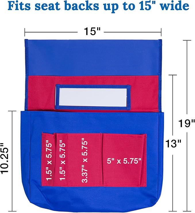 Carson Dellosa Chairback Buddy Pocket Chart―Blue and Red Desk Chair Seat Back Organizer With 6 Pockets for Classroom Supplies, Student Name Tag With Pocket (15" x 19")