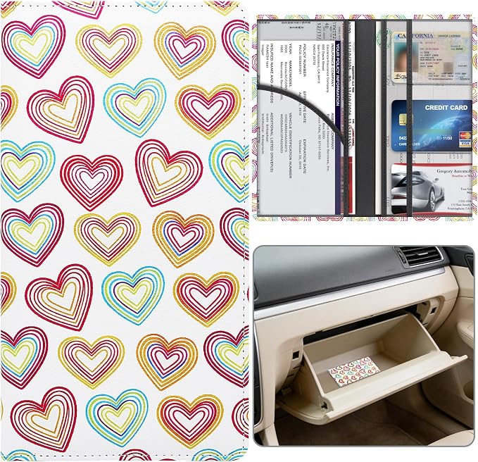 Car Registration and Insurance Holder, Premium Pu Leather Vehicle Glove Box Organizer - for Driver License, Cards & Essential Documents (L-Heart symbol)