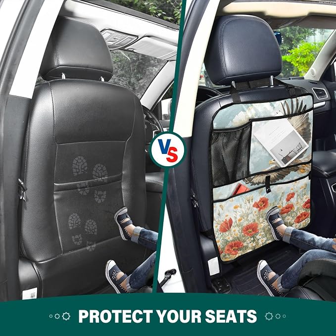 Blue Eagle Poppy and Daisy Flowers 1 Pack Backseat Car Organizer with Storage Pockets Seat Back Organizers for Kids Kick Mats Backseat Protector Automotive