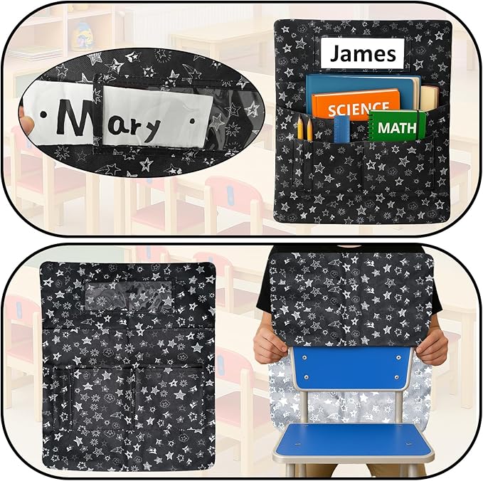 25 PCS Chair Pockets for Classroom Chairs, 15"W x 19"H Seat Sacks with 5 Pockets, Durable 600D Oxford Student Chair Bag Organizer with Name Tag Slot for K-5 Kindergarten School, Black