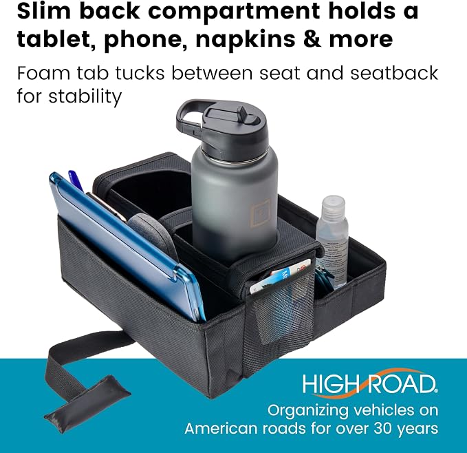 High Road CarHop Jr - Car Organizer with Cup Holders and Storage or Eating Tray for Car - Front Seat Organizer for Drivers and Back Seat Organizer for Kids and Adults