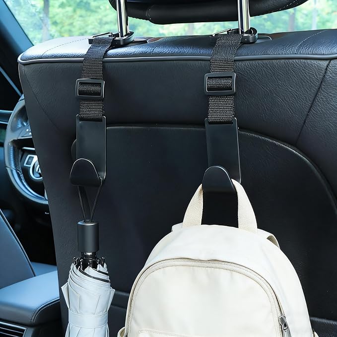 Adjustable 4-Pack Car Headrest Hooks - Universal Seat Back Organizer with Heavy-Duty Clip for Purses, Bags & Groceries Black
