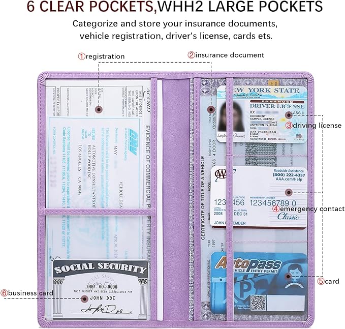Car Registration and Insurance Card Holder for Women Men, Purple Glove Box Paperwork Organizer with Magnetic Buckle for Easy Access and Protect Documents and Various Cards in Vehicle