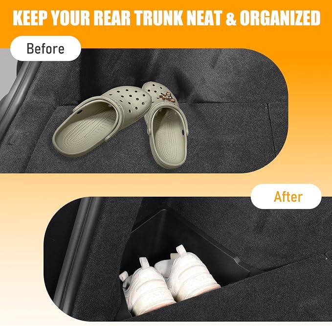 Rear Trunk Storage Bins with Lids for 2025-2026 Tesla Model Y Juniper, 2PCS Hidden Trunk Organizer Boxes, TPE Waterproof Rear Cargo Storage for Model Y Juniper Accessories (With Carpeted Lid)