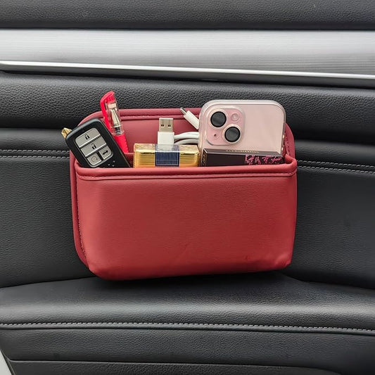 Driver's Car Storage Bag, Small Car Side Pocket Organizer for Car Seats, Doors and Consoles, PU Leather (Burgundy)