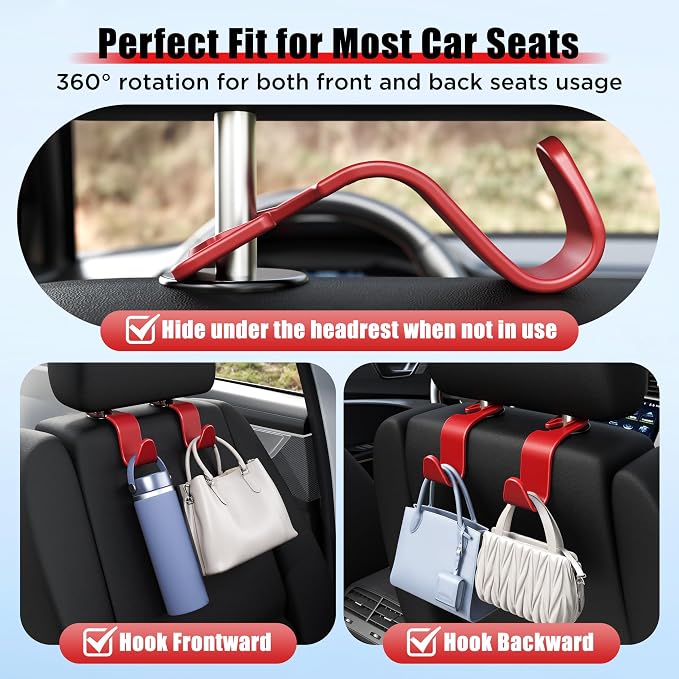 Amooca Car Seat Headrest Hook 4 Pack Hanger Storage Organizer Universal for Handbag Purse Coat Universal fit Vehicle Car Red with Clip