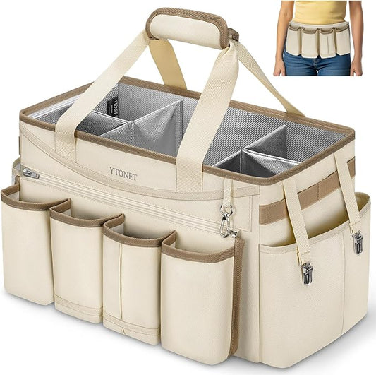 Ytonet Extra Large Cleaning Caddy Bag with Detachable Apron, Cleaning Supplies Organizer with Foldable Dividers, Portable Cleaner Tote with Handle, Cleaner Caddy for Kitchen, Detailing Bag, Apricot